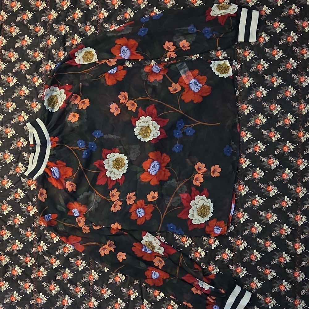 Floral Sheer Blouse with Striped Cuffs